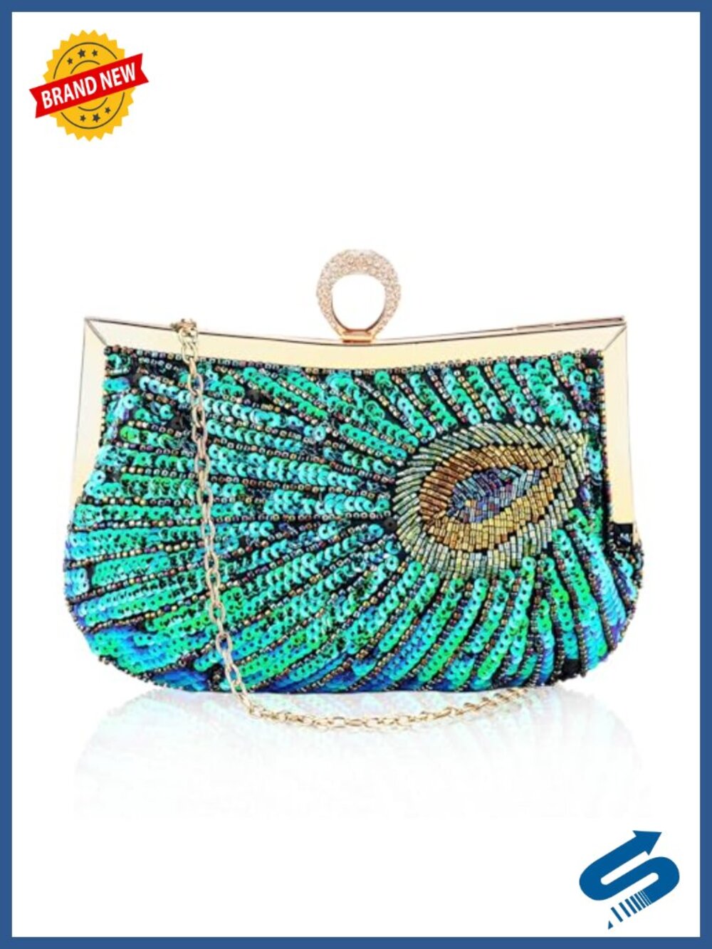 Peacock Beaded Sequin Evening Clutch Crossbody Bag with Detachable Chain